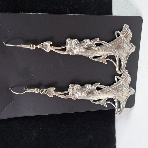 Sterling Silver Art Nouveau Lady Dangle Earrings - Picture 5 of 12